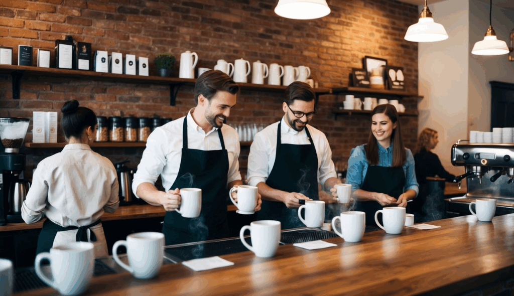 A cozy coffee shop with rustic decor, steaming mugs, and friendly baristas serving customers in York, PA