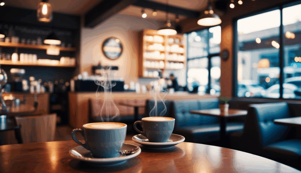 A cozy coffee shop with steaming cups, comfy seating, and a warm, inviting atmosphere in Redwood City, CA