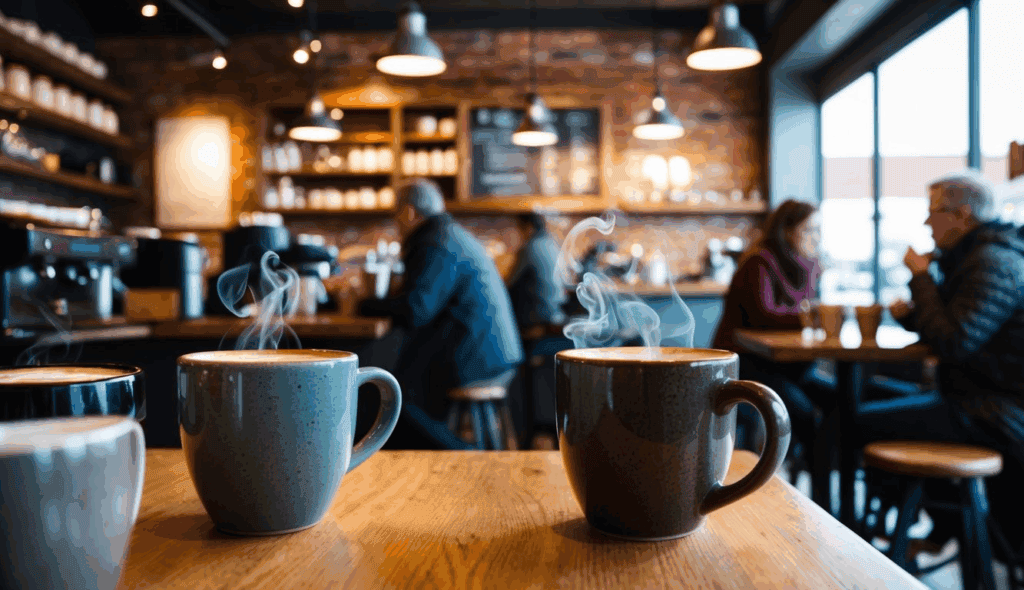 A cozy coffee shop with rustic decor, steaming mugs, and patrons chatting in Mankato, MN